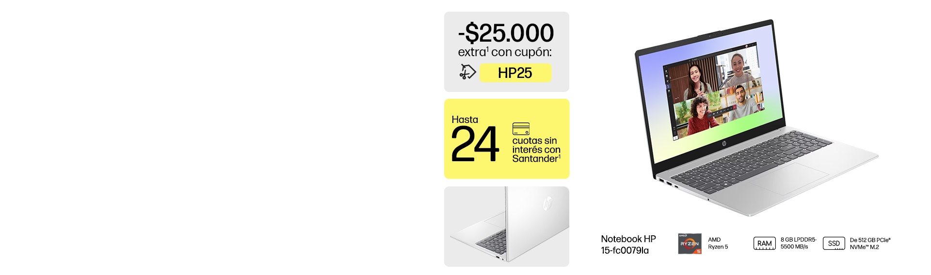 2 vistas de una Notebook HP 15-fc0079la con procesador AMD R...