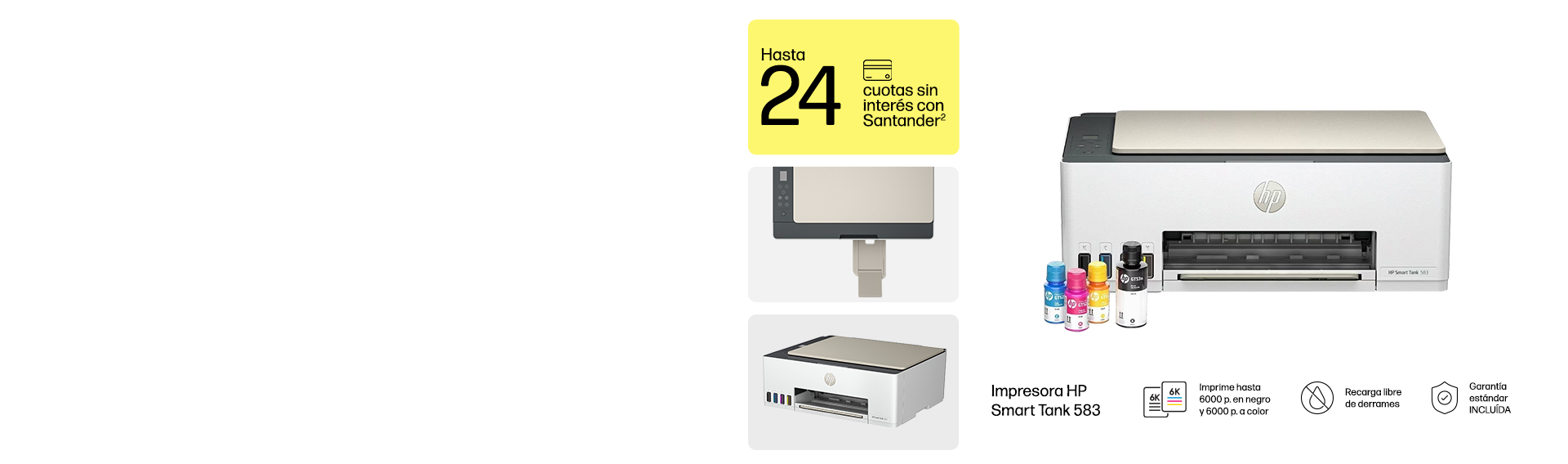 3 vistas de una Impresora HP Smart Tank 583 Imprime hasta 60...
