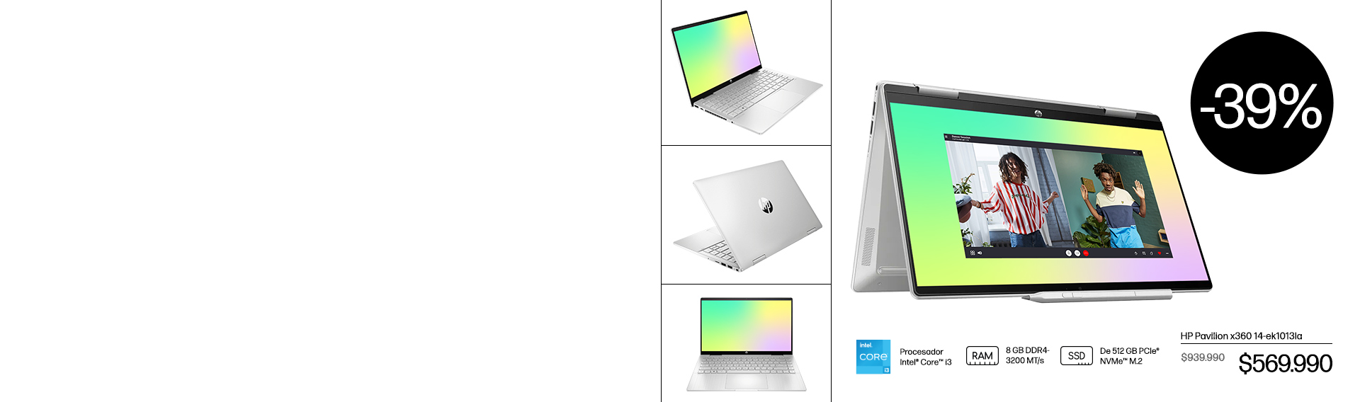 3 vistas de una HP Pavilion x360 14-ek1013la. Procesador Int...