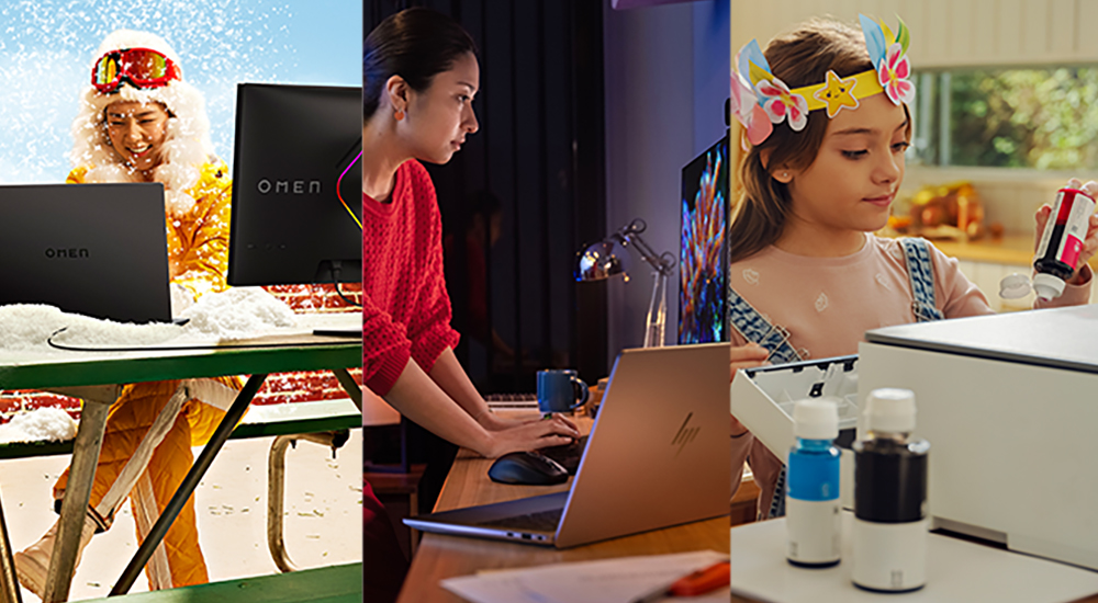 Collage de imágenes de usuarios de productos HP ambientados ...