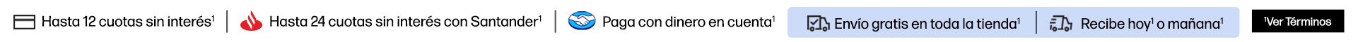 Paga en 12 cuotas sin inter&eacute;s con tarjetas de cr&eacute;dito de bancos participantes*. Hasta 24 cuotas sin inter&eacute;s con Santander*. Paga con dinero en cuenta Mercado Pago*. Env&iacute;o gratis en toda la tienda*. Recibe hoy o ma&ntilde;ana*. *Haz click para ver t&eacute;rminos.