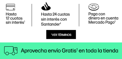 Paga en 12 cuotas sin interés con tarjetas de crédito de bancos participantes*, Paga en 24 cuotas sin interés con tarjetas de crédito de banco Santander*. Paga con dinero en cuenta Mercado Pago*. Aprovecha envío Gratis en toda la tienda* Haz click para ver términos.