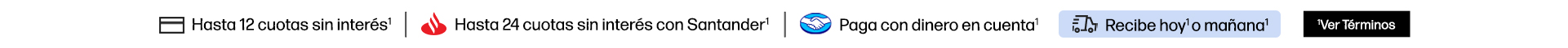 Paga en 12 cuotas sin interés con tarjetas de crédito de bancos participantes*. Hasta 24 cuotas sin interés con Santander*. Paga con dinero en cuenta Mercado Pago*. Envío express Recibe hoy* o mañana* Haz click para ver términos.