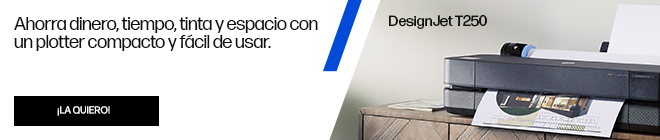 Ahorra dinero, tiempo, tinta y espacio con un plotter compacto y f&aacute;cil de usar. Im&aacute;gen del plotter HP DesignJet de la serie T250 imprimiendo un plano. Haz clic para comprar.