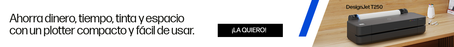 Ahorra dinero, tiempo, tinta y espacio con un plotter compacto y f&aacute;cil de usar. Im&aacute;gen del plotter HP DesignJet de la serie T250. Haz clic para comprar.