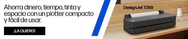 Ahorra dinero, tiempo, tinta y espacio con un plotter compacto y f&aacute;cil de usar. Im&aacute;gen del plotter HP DesignJet de la serie T250. Haz clic para comprar.