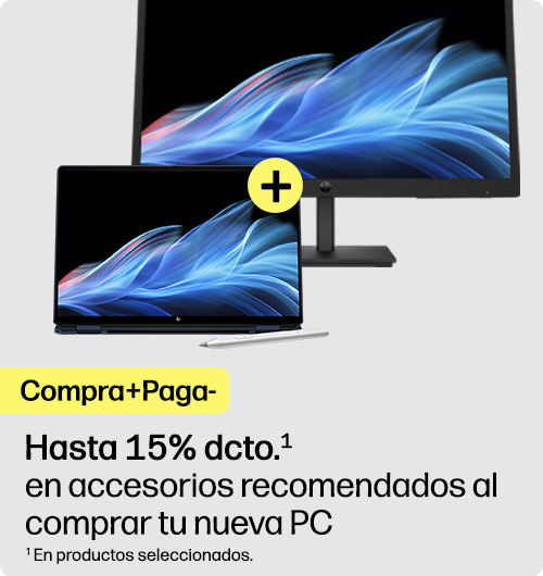 Imagen de una HP Notebook x360 + Monitor HP. Compra m&aacute;s, paga menos. Hasta 15% dcto.* en accesorios recomendados al comprar tu nueva PC. * En productos seleccionados.