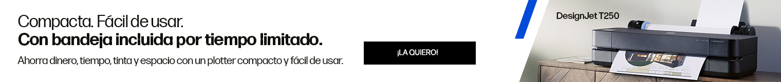 Compacta. F&aacute;cil de usar. Con bandeja incluida por tiempo limitado. Ahorra dinero, tiempo, tinta y espacio con un plotter compacto y f&aacute;cil de usar. Im&aacute;gen del plotter HP DesignJet de la serie T250. Haz clic para comprar.