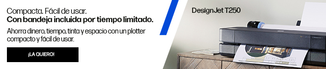 Compacta. F&aacute;cil de usar. Con bandeja incluida por tiempo limitado. Ahorra dinero, tiempo, tinta y espacio con un plotter compacto y f&aacute;cil de usar. Im&aacute;gen del plotter HP DesignJet de la serie T250. Haz clic para comprar.