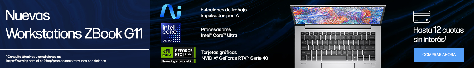 Nuevas Workstations ZBook G11. Estaciones de trabajo impulsadas por IA. Procesadores Intel® Core™ Ultra. Tarjetas gráficas NVIDIA® GeForce RTX™ Serie 40. Hasta 12 cuotas sin interés.  Consulta términos y condiciones en:  https://www.hp.com/cl-es/shop/promociones-terminos-condiciones