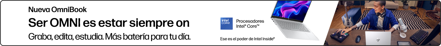 Nueva OmniBook. Ser OMNI es estar siempre on. Graba, edita, estudia. Graba, edita, estudia. M&aacute;s bater&iacute;a para tu d&iacute;a. Procesadores Intel&reg; Core&trade;. Ese es el poder de Intel Inside&reg;. Un chico editando audio en casa en una Omnibook HP.