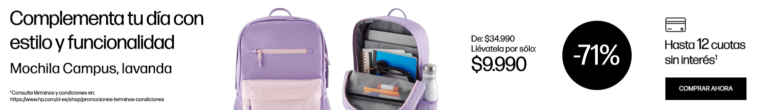 Complementa tu día con estilo y funcionalidad. Mochila campus, lavanda. De:$34.990 Llévatela por sólo: $9.990 71% dcto. y hasta 12 cuotas sin interés. Consulta términos y condiciones en: https://www.hp.com/cl-es/shop/promociones-terminos-condiciones