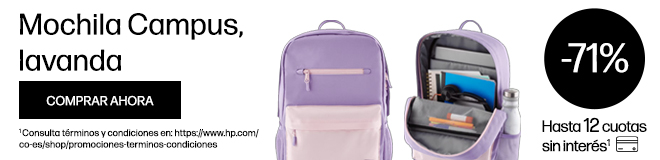 Complementa tu día con estilo y funcionalidad. Mochila campus, lavanda. De:$34.990 Llévatela por sólo: $9.990 71% dcto. y hasta 12 cuotas sin interés. Consulta términos y condiciones en: https://www.hp.com/cl-es/shop/promociones-terminos-condiciones
