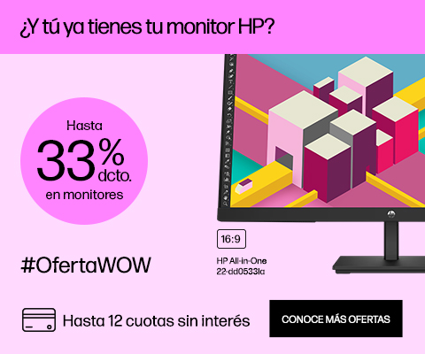 ¿Y tú ya tienes tu monitor HP? Hasta 33% dcto. en monitores y hasta 12 cuotas sin interés. #OfertaWOW. Fotografía de un Monitor HP FHD de 23.5 pulgadas con relación Ancho-Alto de 16:9. Haz click y conoce más ofertas.