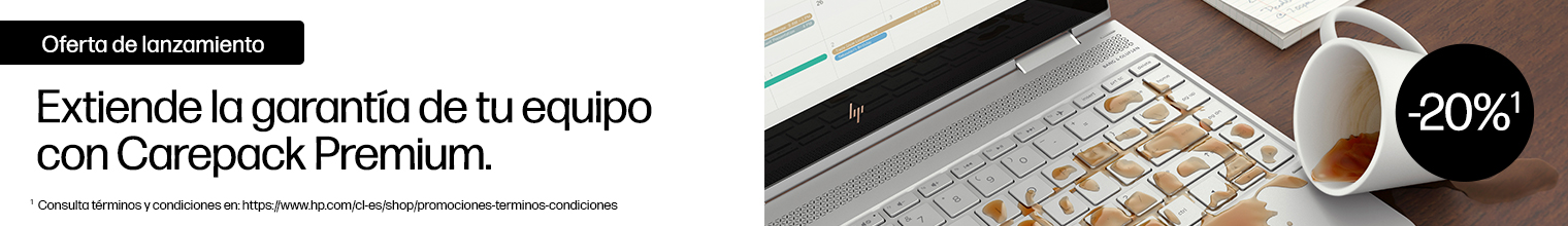 Imagen de una notebook HP sufriendo un derrame de café en el teclado. Oferta de lanzamiento.Extiende la garantía de tu equipo con Carepack Premium. -20% OFF* * Consulta términos y condiciones en: https://www.hp.com/cl-es/shop/promociones-terminos-condiciones