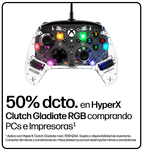 50% dcto. en HyperX Clutch Gladiate RGB comprando PCs e Impresoras&sup1;. &sup1; Aplica con HyperX Clutch Gladiate mod. 7D6H2AA  Sujeto a disponibilidad de inventario.  Consulta t&eacute;rminos y condiciones en: https://www.hp.com/cl-es/shop/terminos-y-condiciones