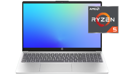 Fotografía de una Notebook HP 15-fc0079la con ícono de Procesador AMD Ryzen™ 5.
