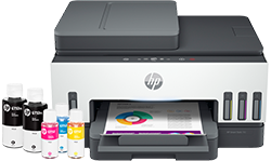 Fotografía de una Impresora Multifuncional HP Smart Tank 790 con botellas de tinta CMYK y negro.