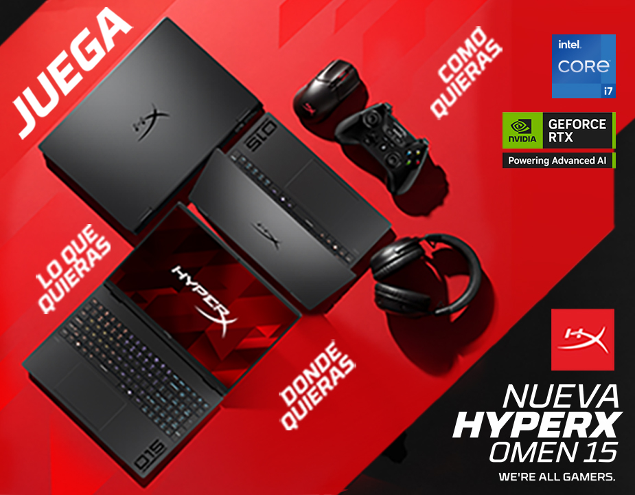 Juega como quieras. 3 vistas de la Nueva HyperX Omen15 y accesorios. Procesador Intel Core i7. NVIDIA&reg; GeForce RTX&trade; 5060. 