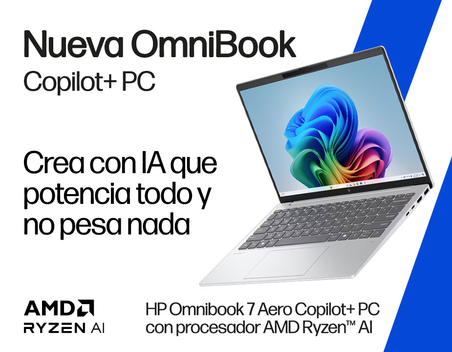 Nueva OmniBook Copilot+ PC. Crea con IA que potencia todo y no pesa nada. AMD Ryzen AI. Imagen de una HP Omnibook 7 Aero Copilot+ PC
con procesador AMD Ryzen&trade; AI sobre fondo blanco.
